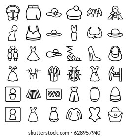 Lady icons set. set of 36 lady outline icons such as man WC, woman WC, baby changing room, woman bag, bra, dress, slim, maid, WC, sandals, sport bra, corset, blouse, bag