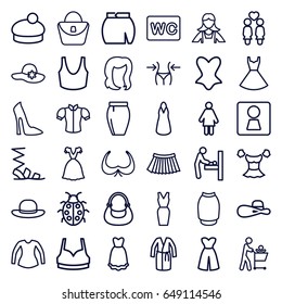 Lady icons set. set of 36 lady outline icons such as woman wc, baby changing room, hairstyle, woman bag, bra, slim, maid, wc, sandals, sport bra, corset, dress, blouse, bag