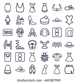 Lady icons set. set of 36 lady outline icons such as man wc, woman wc, baby changing room, hairstyle, bra, woman shoe, dress, maid, wc, sandals, corset, sport bra, blouse, bag
