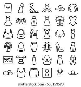 Lady icons set. set of 36 lady outline icons such as man wc, baby changing room, woman bag, bra, woman shoe, dress, slim, maid, wc, sandals, sport bra, corset, blouse, bag
