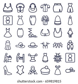 Lady icons set. set of 36 lady outline icons such as man wc, woman wc, baby changing room, bra, woman shoe, dress, slim, maid, sandals, sport bra, corset, blouse, bag, skirt