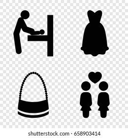 Lady icons set. set of 4 lady filled icons such as baby changing room, bag, women couple