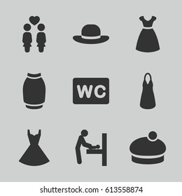 Lady icons set. set of 9 lady filled icons such as baby changing room, dress, WC, skirt, woman hat