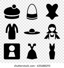 Lady icons set. set of 9 lady filled icons such as woman wc, maid, corset, dress, bag