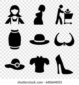 Lady icons set. set of 9 lady filled icons such as bra, woman shoe, woman hat, maid, blouse, skirt, pregnant woman