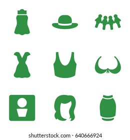 Lady icons set. set of 9 lady filled icons such as man wc, hairstyle, bra, sport bra, skirt, dress, woman hat