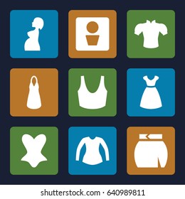 Lady icons set. set of 9 lady filled icons such as man wc, dress, corset, sport bra, blouse, skirt