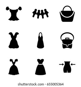 Lady icons set. set of 9 lady filled icons such as woman bag, slim, dress, blouse, bag