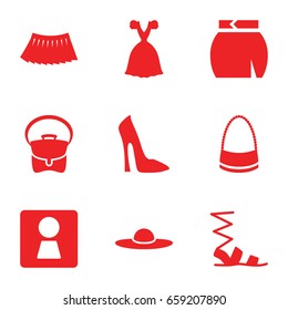 Lady icons set. set of 9 lady filled icons such as woman wc, woman shoe, sandals, bag, skirt, dress