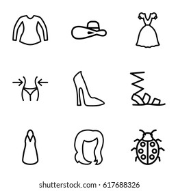 Lady icons set. set of 9 lady outline icons such as hairstyle, woman shoe, slim, sandals, dress, blouse, woman hat