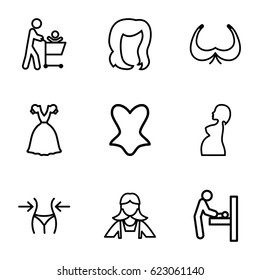Lady icons set. set of 9 lady outline icons such as baby changing room, hairstyle, bra, slim, maid, corset, dress, pregnant woman