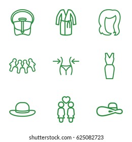 Lady icons set. set of 9 lady outline icons such as hairstyle, slim, dress, bag, woman hat, women couple