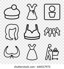 Lady icons set. set of 9 lady outline icons such as man wc, hairstyle, bra, dress, sport bra, woman hat, children