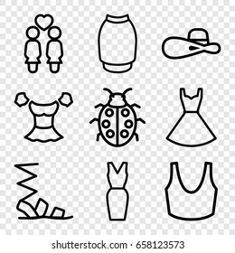 Lady icons set. set of 9 lady outline icons such as sandals, sport bra, blouse, skirt, dress, woman hat, ladybug