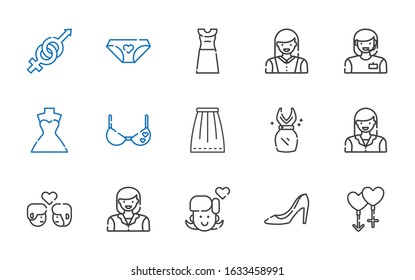 lady icons set. Collection of lady with couple, high heels, girl, woman, dress, skirt, bra, wedding dress, panties, gender. Editable and scalable lady icons.