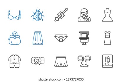 lady icons set. Collection of lady with toilet, face mask, skirt, garter, kid, dress, panties, purse, wedding dress, woman, gender, ladybug. Editable and scalable lady icons.