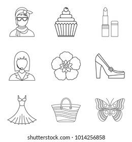 Lady icons set. Outline set of 9 lady vector icons for web isolated on white background