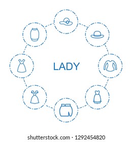 lady icons. Trendy 8 lady icons. Contain icons such as woman hat, skirt, dress, blouse. lady icon for web and mobile.