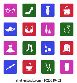 Lady Icons. White Flat Design In Square. Vector Illustration. 