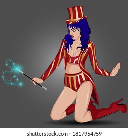 Lady illusionist with a magic wand. Vector art
