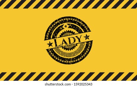 Lady inside warning sign, black grunge emblem. Vector Illustration. Detailed.