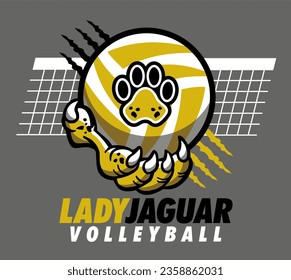 lady jaguar volleyball design with claw holding ball and net for school, college or league sports