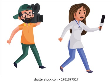Lady journalist is running with the cameraman. Vector graphic illustration. Individually on white background.