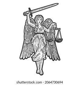 Lady Justice Ancient Roman goddess sketch engraving vector illustration. T-shirt apparel print design. Scratch board imitation. Black and white hand drawn image.