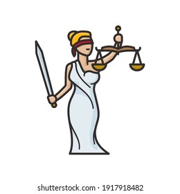 Lady Justice, blindfolded with beam balance and sword, isolated cartoon character vector illustration for World Day For International Justice on July 17. Legal services and law symbol.