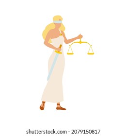 Lady Justice. Blindfolded girl with sword and scales - symbol of justice. Icon, clipart for website, apps about lawyers, litigation, auditing. Vector flat illustration, cartoon style.