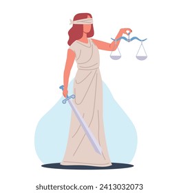 Lady Justice. Blindfolded Themis with scales and sword. Greek goddess. Equality of legal punishment. Court judgement. Judges and attorneys god. Ancient mythical character. Vector concept