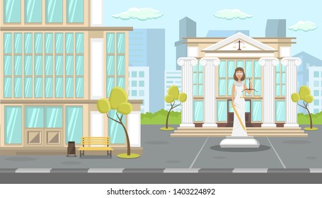 Lady Justice, Courthouse Building Illustration. United States Supreme Court Law and Judgement Symbol. Goddess Themis Holding Scales and Sword Flat Vector Character. Cartoon Modern Cityscape