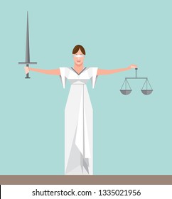 Lady justice depicted as a statue holding scales and sword wearing blindfold to be impartial