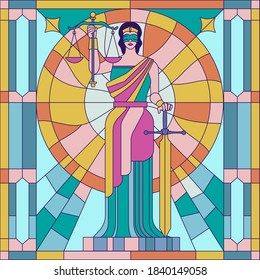 Lady of justice Femida or Themis Vector Illustration Painting Glass or stained glass