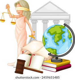 Lady Justice mit Globus, Waagen und Rechtsbüchern