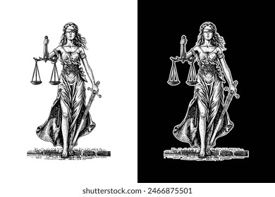 Lady Justice, handgezeichnete Holzschnitt Gravur Stil Vintage antike Vektorillustration