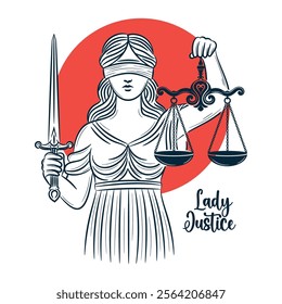 Lady Justice holding scale and sword with hand drawn  style vector illustration