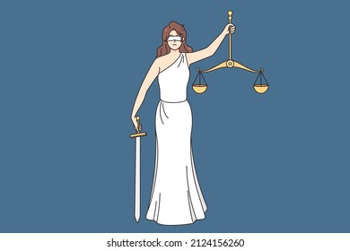 Lady justice holding scales and sword stand for law and order. Goddess Themis or Femida with weighs in hands. Jurisdiction and legal institution concept. Vector illustration. 