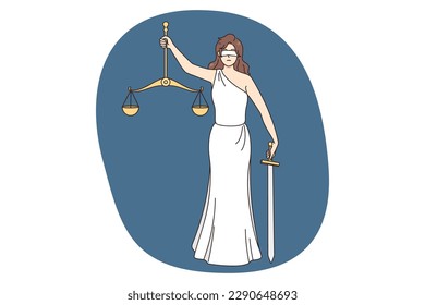 Lady justice holding scales and sword stand for law and order. Goddess Themis or Femida with weighs in hands. Jurisdiction and legal institution concept. Vector illustration.