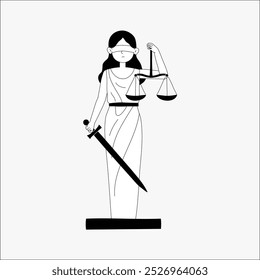 Lady Justice holding scales and sword in flat vector illustration symbolizing fairness, law, and justice, isolated on white background.