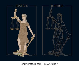 Lady justice illustration on dark blue background in two options of graphic, colored and outline