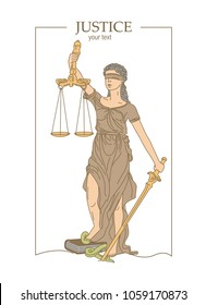 lady Justice illustration with text, in frame, brown colors and linear graphic composition