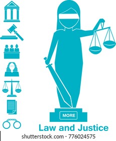 Lady justice or Iustitia vector illustration. Law and justice concept with themis statue and judicial icons.