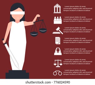 Lady justice or Iustitia vector illustration in flat stile. Law and justice concept with themis statue and judicial icons.