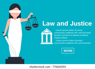 Lady Justice Or Iustitia Vector Illustration In Flat Stile. Law And Justice Concept With Themis Statue.