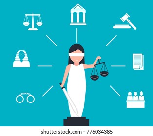 Lady justice or Iustitia vector illustration in flat stile. Law and justice concept with themis statue and judicial icons.