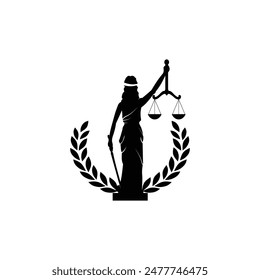 Lady Justice, Justitia Göttin Logo für Anwalt und Recht Einfache saubere minimalistische moderne Silhouette Statue schwarze Ikone Design