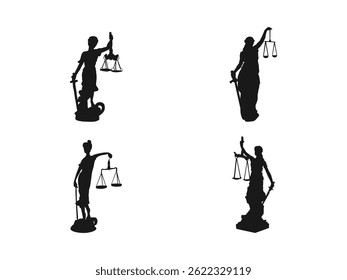 Lady Justice, logo da deusa da justiça. Silhuetas de Lady Justice Estátuas, Ideal para Projeto Temático Legal ou Justiça. Vetor de silhueta no fundo branco.