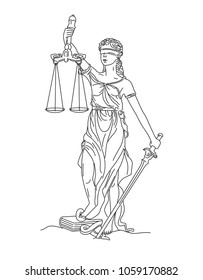 Lady Justice linear illustration, hand drawn graphic sketch with scales and sward in hands and book with snake near the legs