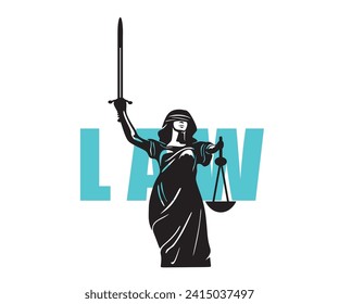 LADY JUSTICE LOGO, silhouette of strong woman with sword and law scale vector illustrations
